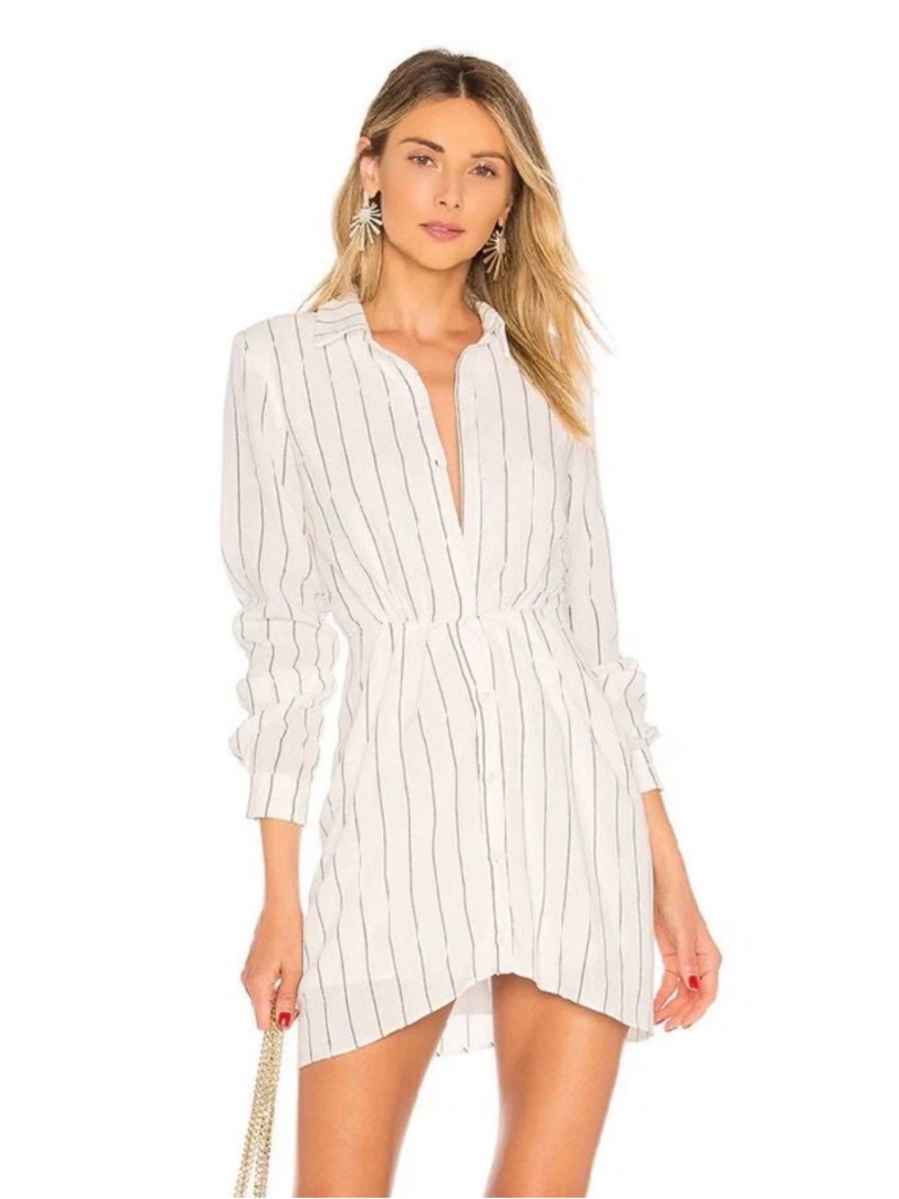 L'Academie Brasilia Mini Shirt Dress White Striped Long Sleeve Collared Small